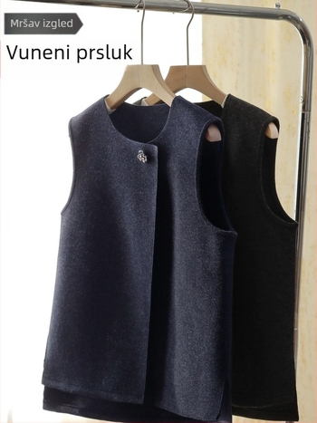 Ženski dvostrani vuneni prsluk s flis podstavom, jesen-zima, okrugli izrez, debeo, model 2539.