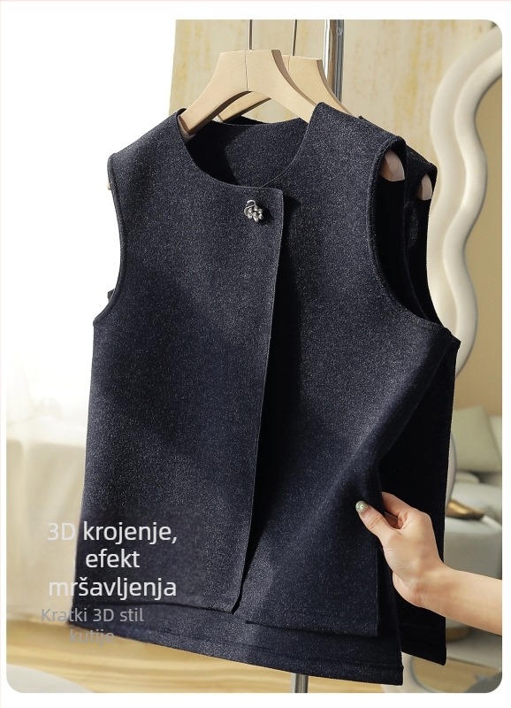Ženski dvostrani vuneni prsluk s flis podstavom, jesen-zima, okrugli izrez, debeo, model 2539.