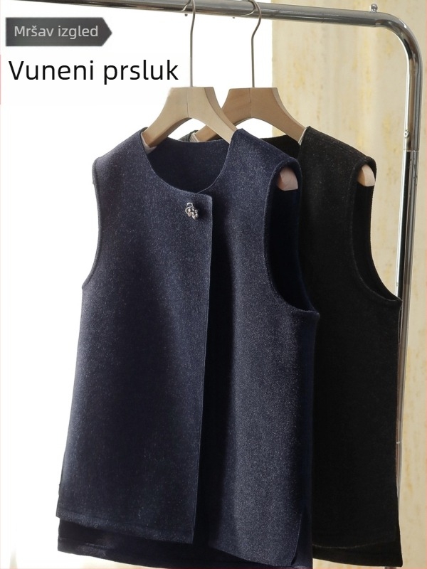 Ženski dvostrani vuneni prsluk s flis podstavom, jesen-zima, okrugli izrez, debeo, model 2539.