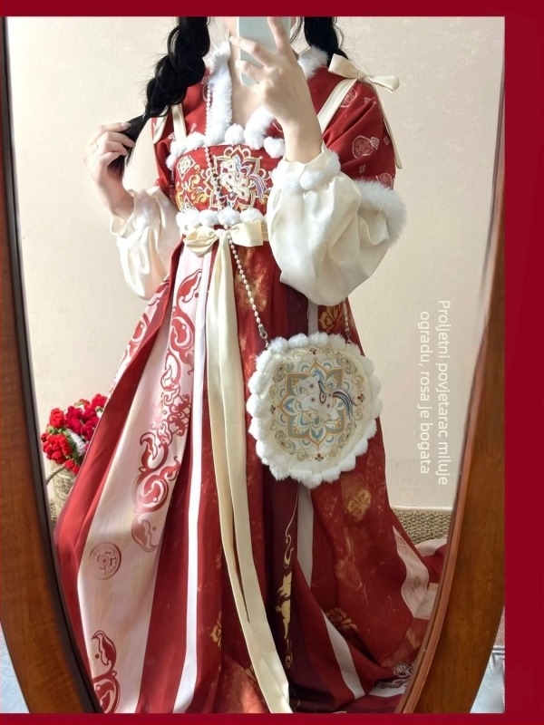 Hanfu set s topom do prsa i suknjom, jesen-zimski stil, Tang stil drevnog kineskog kostima, otisnuti poliester 95%+