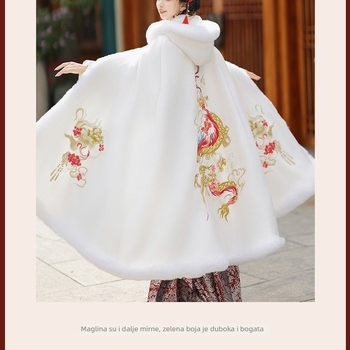 Ženski Hanfu zimski ogrtač, duga kapuljača s flis podstavom, izvezen, od poliestera; glavni materijal 80–90% poliestera, sekundarni materijal <30%