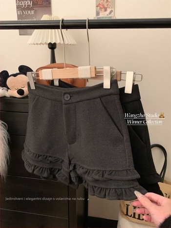 Ženske vunene kratke hlače s visokim strukom, dvostruki volani, šav spajanja, mikroelastične, 70-80% vuna, <30% spandeks