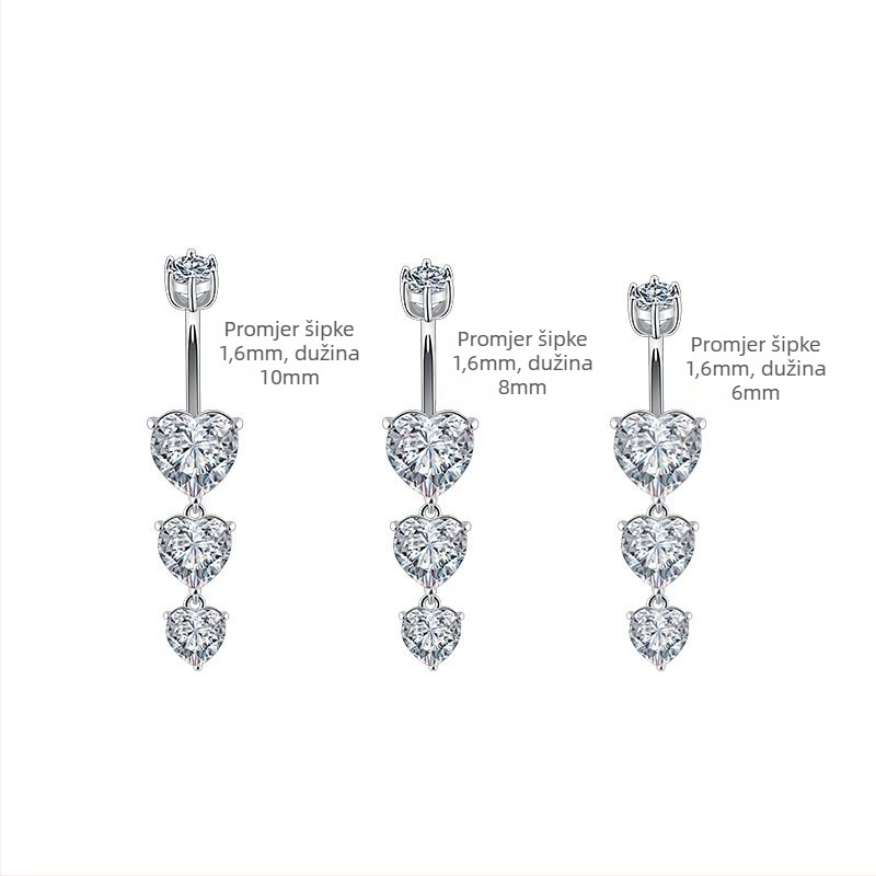 S925 Srebrni pupčani prsten sa srcem, korejskog stila, s dijamantom