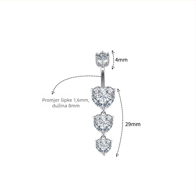 S925 Srebrni pupčani prsten sa srcem, korejskog stila, s dijamantom