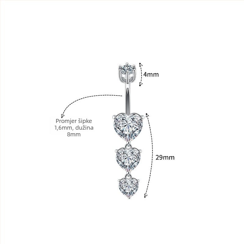S925 Srebrni pupčani prsten sa srcem, korejskog stila, s dijamantom