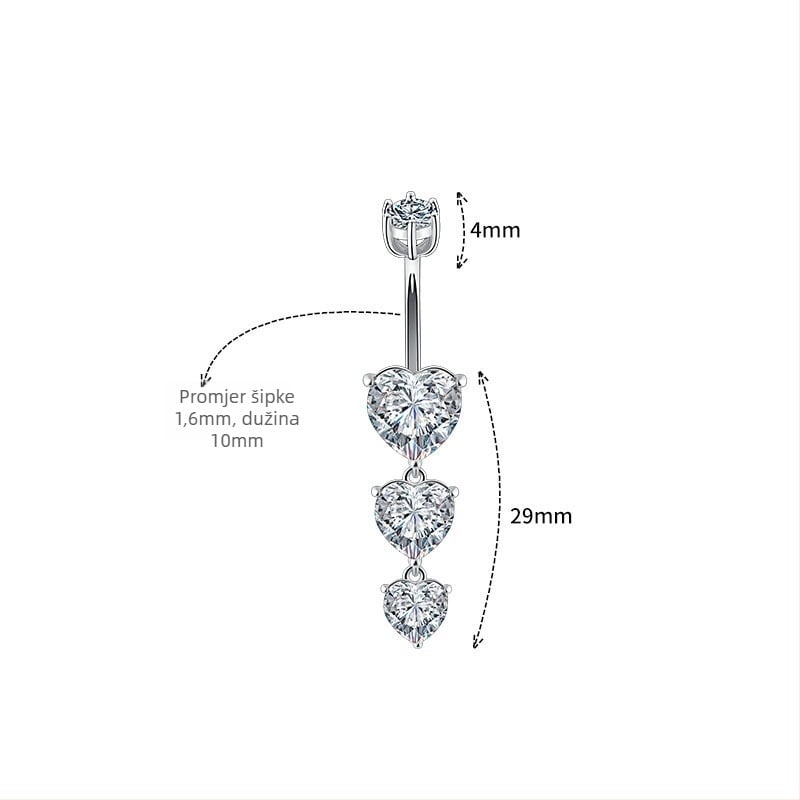 S925 Srebrni pupčani prsten sa srcem, korejskog stila, s dijamantom