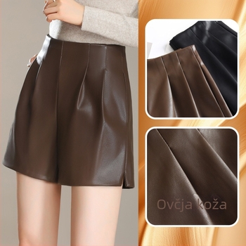 Ženski šorts od janjeće kože, visok struk, duljina do tri četvrtine, zimska kolekcija 2025