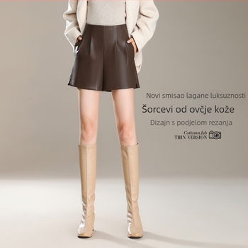 Ženski šorts od janjeće kože, visok struk, duljina do tri četvrtine, zimska kolekcija 2025