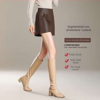 Ženski šorts od janjeće kože, visok struk, duljina do tri četvrtine, zimska kolekcija 2025