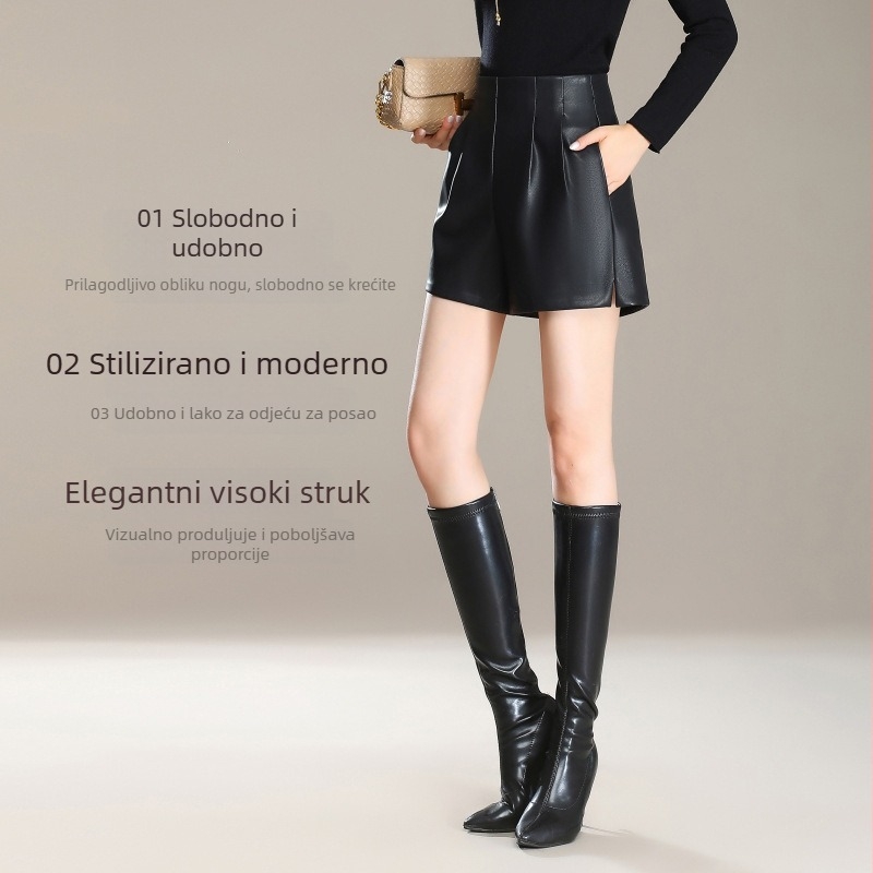 Ženski šorts od janjeće kože, visok struk, duljina do tri četvrtine, zimska kolekcija 2025