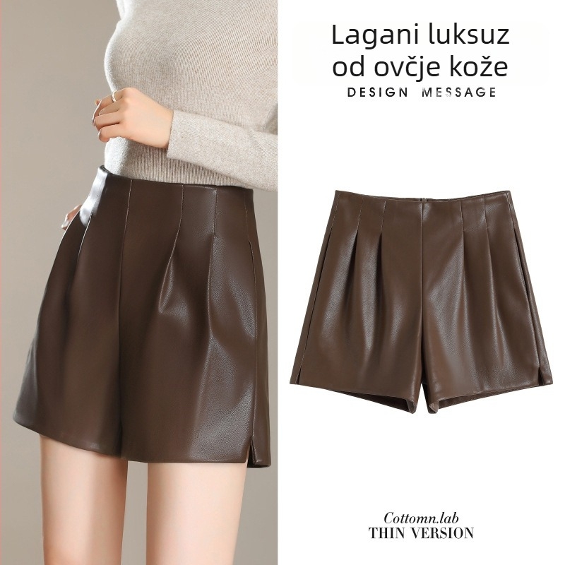 Ženski šorts od janjeće kože, visok struk, duljina do tri četvrtine, zimska kolekcija 2025