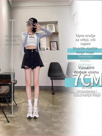 Ženske crne traper šorc s visokim pojasom, uski kroj, široke nogavice, plus veličine, ljetna moda