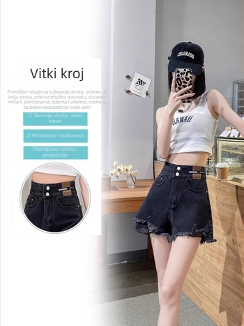 Ženske crne traper šorc s visokim pojasom, uski kroj, široke nogavice, plus veličine, ljetna moda