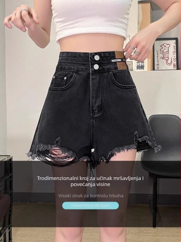 Ženske crne traper šorc s visokim pojasom, uski kroj, široke nogavice, plus veličine, ljetna moda