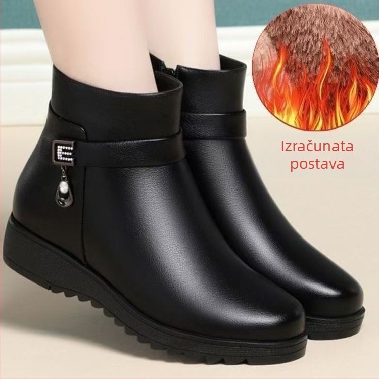 Ženske zimske cipele od PU kože, srednje visoke, bočni zatvarač, zaobljeni nos