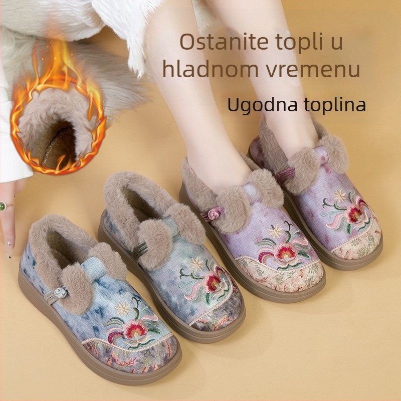 Ženske zimske pamučne cipele, cvjetni vez, velur gornji dio, plišna podstava, PVC đon