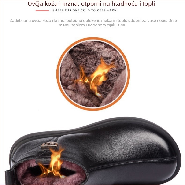 Zimske ženske cipele od kože s vunenom podlogom, tople, protuklizna gumena potplata, bočni patentni zatvarač, nizak klin 1–3 cm