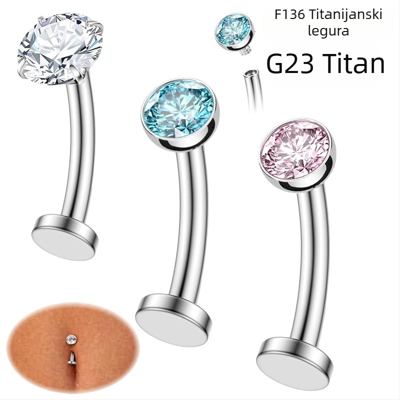 Prsten za pupak s plosnim dnom i zakrivljenim štapom, cirkonij umetnut, titan G23