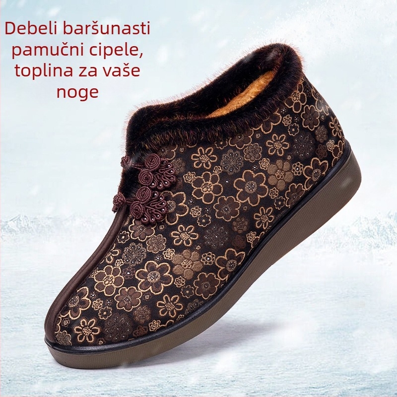 Ženske pamučne cipele za zimu, s plišanom unutrašnjošću, gumom na đon, niski pet 1–3 cm