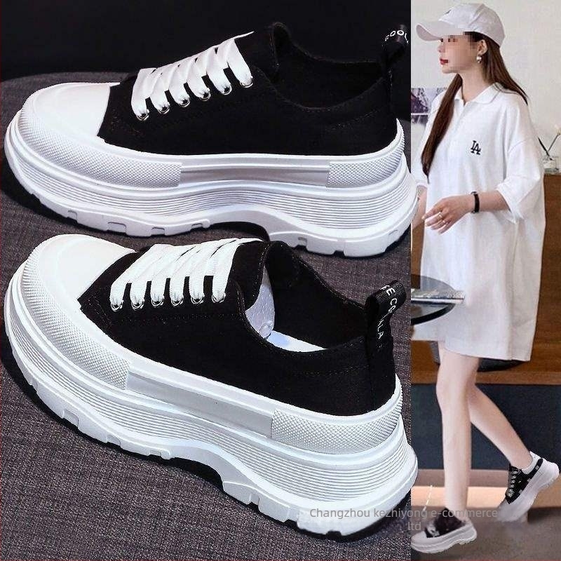 Ženske platnene tenisice s vyvyšenom debelom gumom podrážkom, nízki vrh, šnúrke, korejskog stila, jednobojne