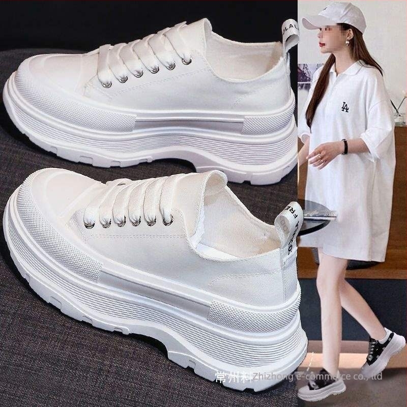 Ženske platnene tenisice s vyvyšenom debelom gumom podrážkom, nízki vrh, šnúrke, korejskog stila, jednobojne