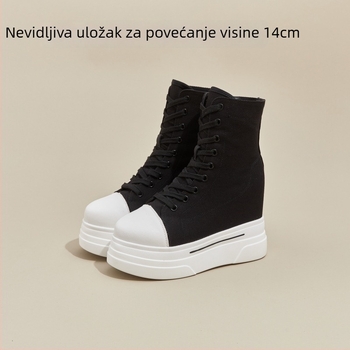 Damske platnene platforme tenisice, korejskog stila, visok blok potpetice 6-8 cm, prozračna PU podloga, prednje vezanje