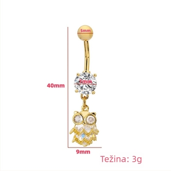 Unisex prsten za pupak s motivom sove – bakar, elektroplatirano, nakit za pupak, ukras pupka