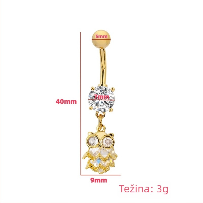 Unisex prsten za pupak s motivom sove – bakar, elektroplatirano, nakit za pupak, ukras pupka