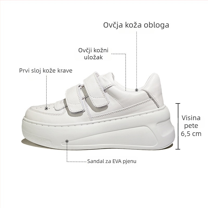 Ženske casual tenisice s Velcro kopčom, dizajn povećanja visine 6–8 cm, gornji dio od kože prvog sloja, podstava od ovčje kože, đon EVA
