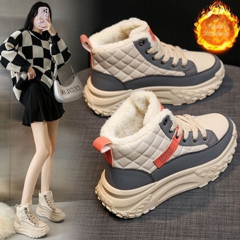 Ženske cipele u korejskom stilu s fleece podstavom i debelim potplatom za zimu, gornji PU materijal, unutarnja od umjetnog pliša, gumeni potplat, okrugli vrh, visina pete 3-5 cm