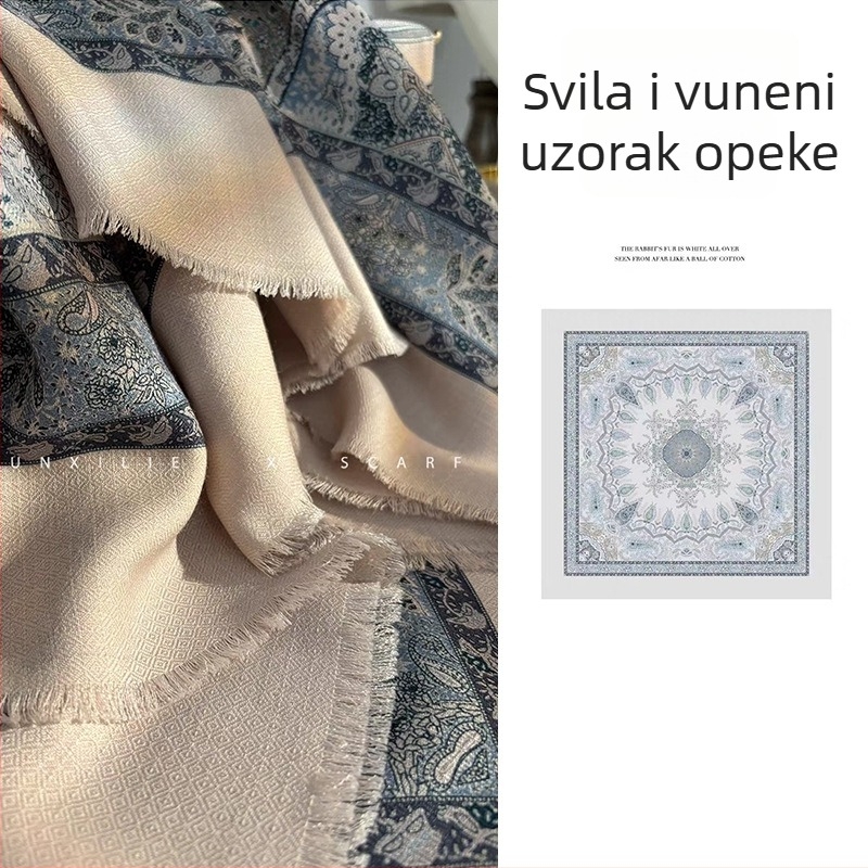 Kockasti šal od svile i vune - dvostruka tisk, twill tkanina, cigla uzorak, jesen-zima ženski luksuzni šal