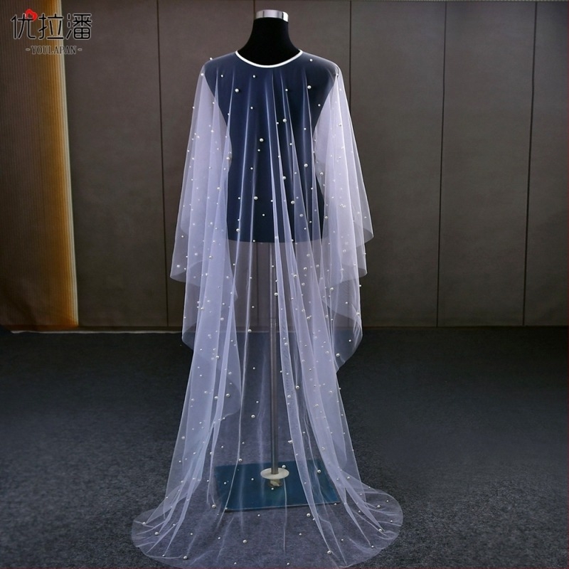 Šal s perlama za vjenčanje, dugačak rep, monohromatski uzorak, ručna izrada, elegantan stil