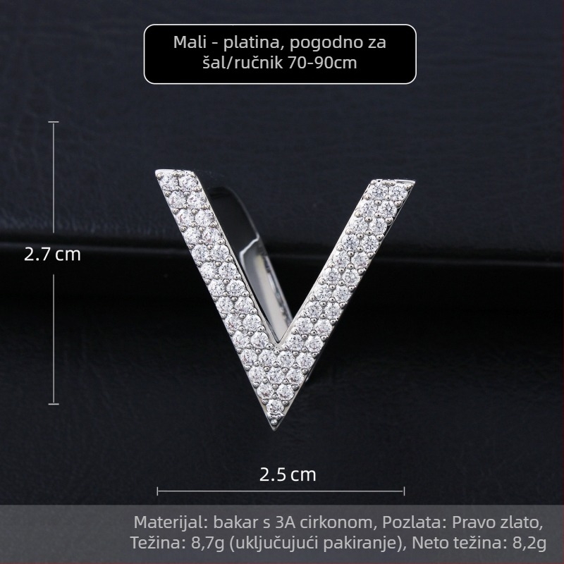 Bakreni V-oblik šalni kvačica s cirkonijem, minimalistički ženski dodatak, mikropovršinska obrada
