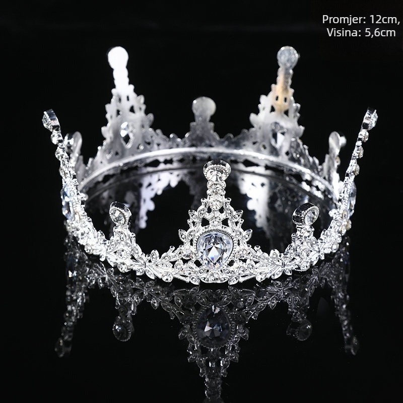 Vjenčana tiara, europska kruna, okrugli oblik za fotografije, stil princeze (Materijal: legura; Obrada: elektroplating; Stil: princeza; Oblik: kruna; Kristali: kristal)