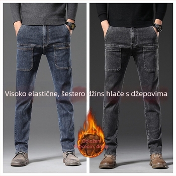 Muške traperice s fleece podstavom – elastične, ravni kroj, srednji pojas, šest džepova, denim