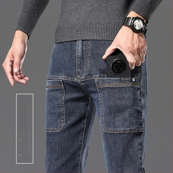 Muške traperice s fleece podstavom – elastične, ravni kroj, srednji pojas, šest džepova, denim