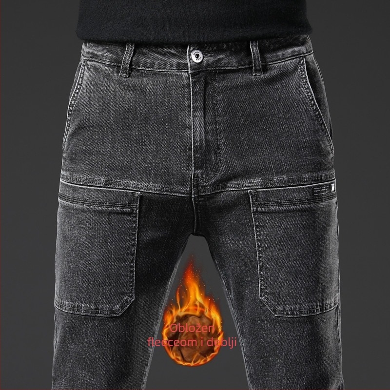 Muške traperice s fleece podstavom – elastične, ravni kroj, srednji pojas, šest džepova, denim