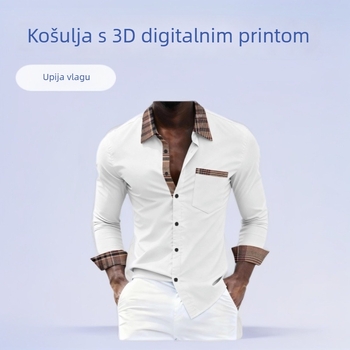 Muška košulja s dugim rukavima, print na prednjoj ploči s gumbima, kontrastni džep, ležerni kroj, bez peglanja, 3D digitalni tisak