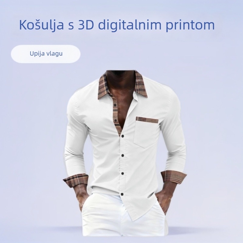 Muška košulja s dugim rukavima, print na prednjoj ploči s gumbima, kontrastni džep, ležerni kroj, bez peglanja, 3D digitalni tisak