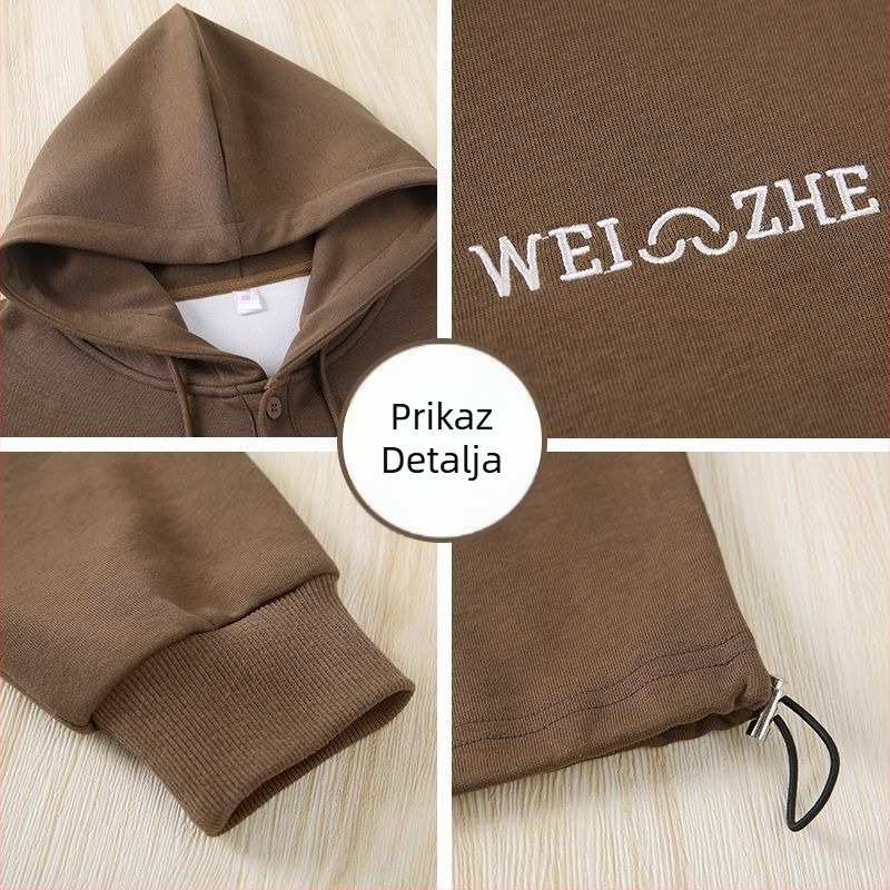 Ženski kratki pamukasti hoodie s kapuljom, ležeran kroj, dugi rukav, izvezeni detalji, pamuk-poliester smjesa 30–50%, gradski stil, jesen 2023