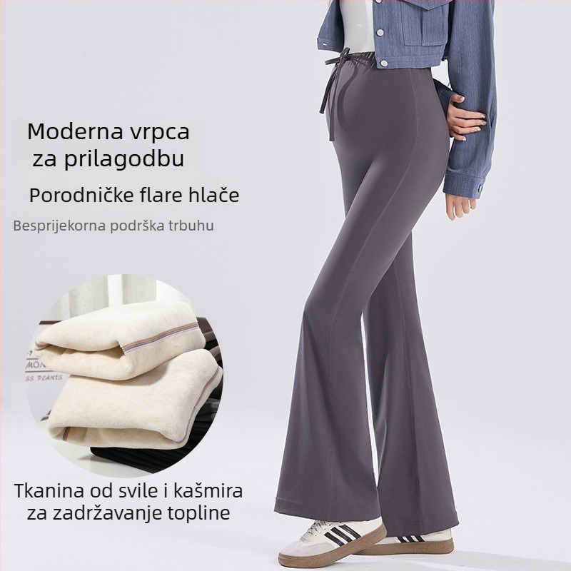 Trudničke hlače, Shark skin najlon smjesa (70–80% najlona, <30% spandeksa), debele, tople, visoka elastičnost, širok kroj