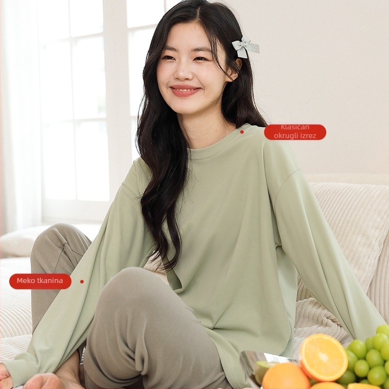 Ženski set pidžama s dugim rukavom i hlačama, jesensko-zimska toplina od poliestera, 90–95% poliester, težina tkanine 121–140 g/m2, okrugli izrez, kućna upotreba