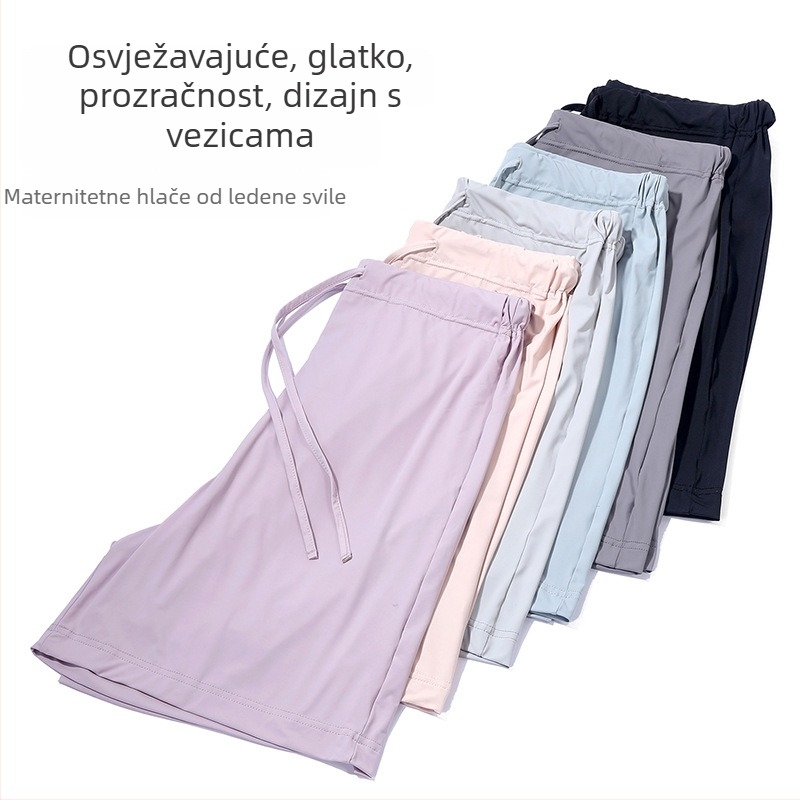 Trudničke šorceve, široki kroj, ljetni ice silk materijal, Nylon 80–90% + Spandex <30%, sa šnjiricom za podešavanje, prozračan