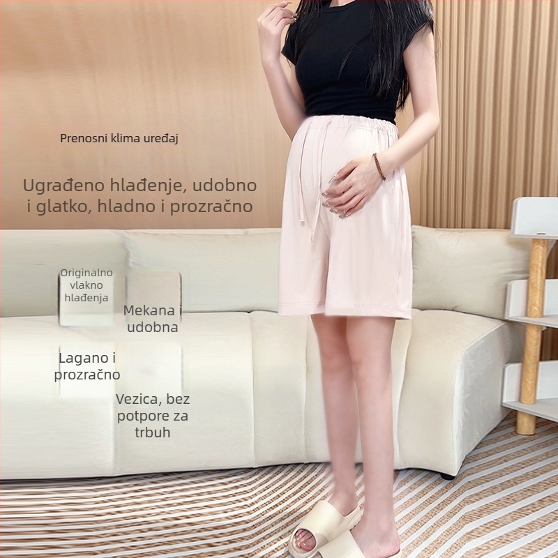Trudničke šorceve, široki kroj, ljetni ice silk materijal, Nylon 80–90% + Spandex <30%, sa šnjiricom za podešavanje, prozračan