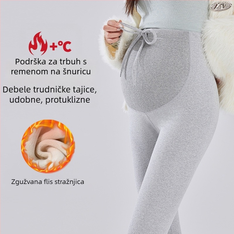 Trudničke zimske tajice s flisom, debele, visokim pojasom i vezicom, pamuk-spandeks smjesa 70–80%/20–30%, duljina 3/4