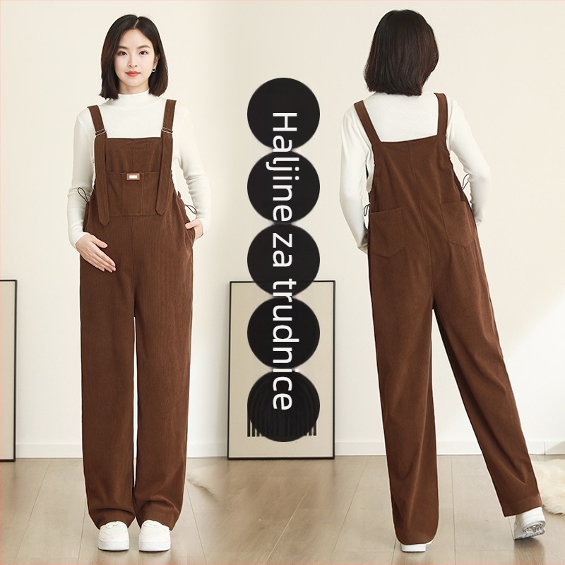 Corduroy trudnički overal, širok kroj, podrška trbuha, Poliester 95%+, Spandex <30%