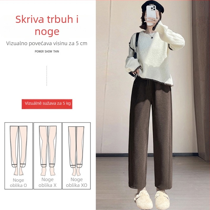 Hlače za trudnice s vunenom podstavom, ravni kroj, visok pojas, duljina 9/10, jesen-zima