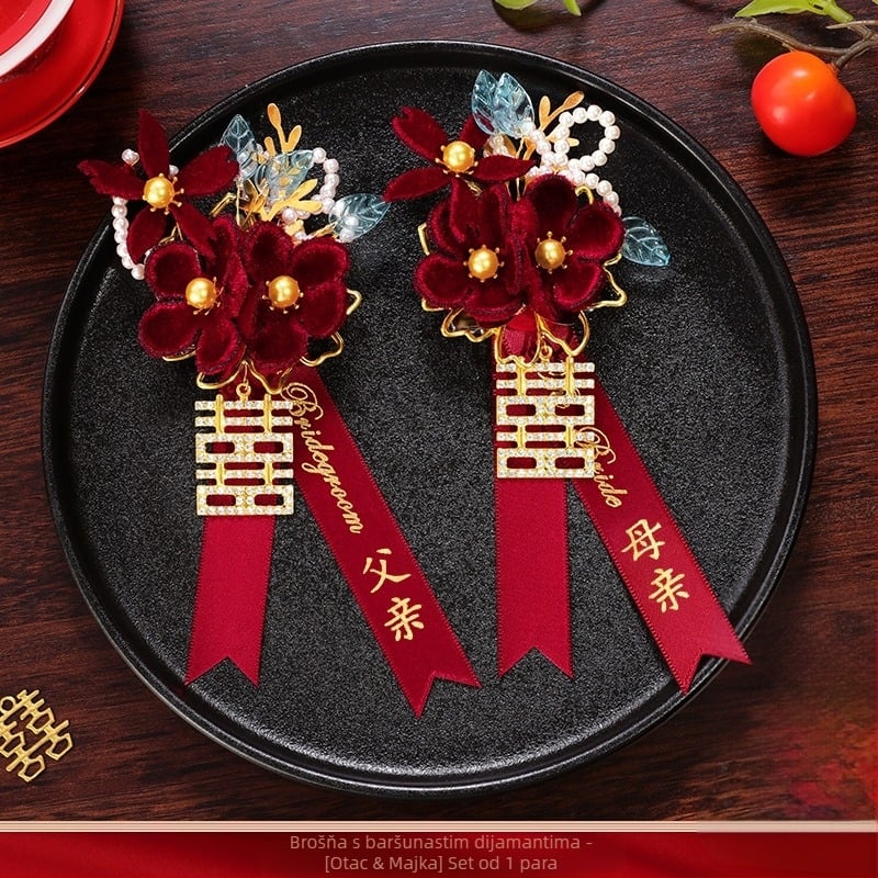 Romantic Celebration Svadbeni boutonniere set svilenim cvjetovima – par za mladoženju i mladenku, kineski stil, luksuzan puni komplet