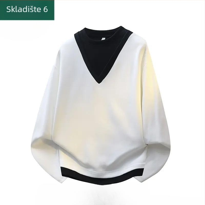 Muška majica s dugim rukavom, lažni dvodijelni dizajn, široki kroj, okrugli izrez, vlakna mliječnog proteina