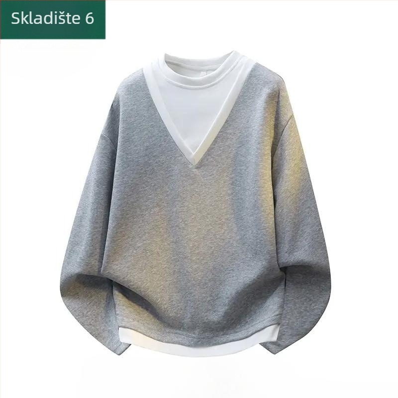 Muška majica s dugim rukavom, lažni dvodijelni dizajn, široki kroj, okrugli izrez, vlakna mliječnog proteina